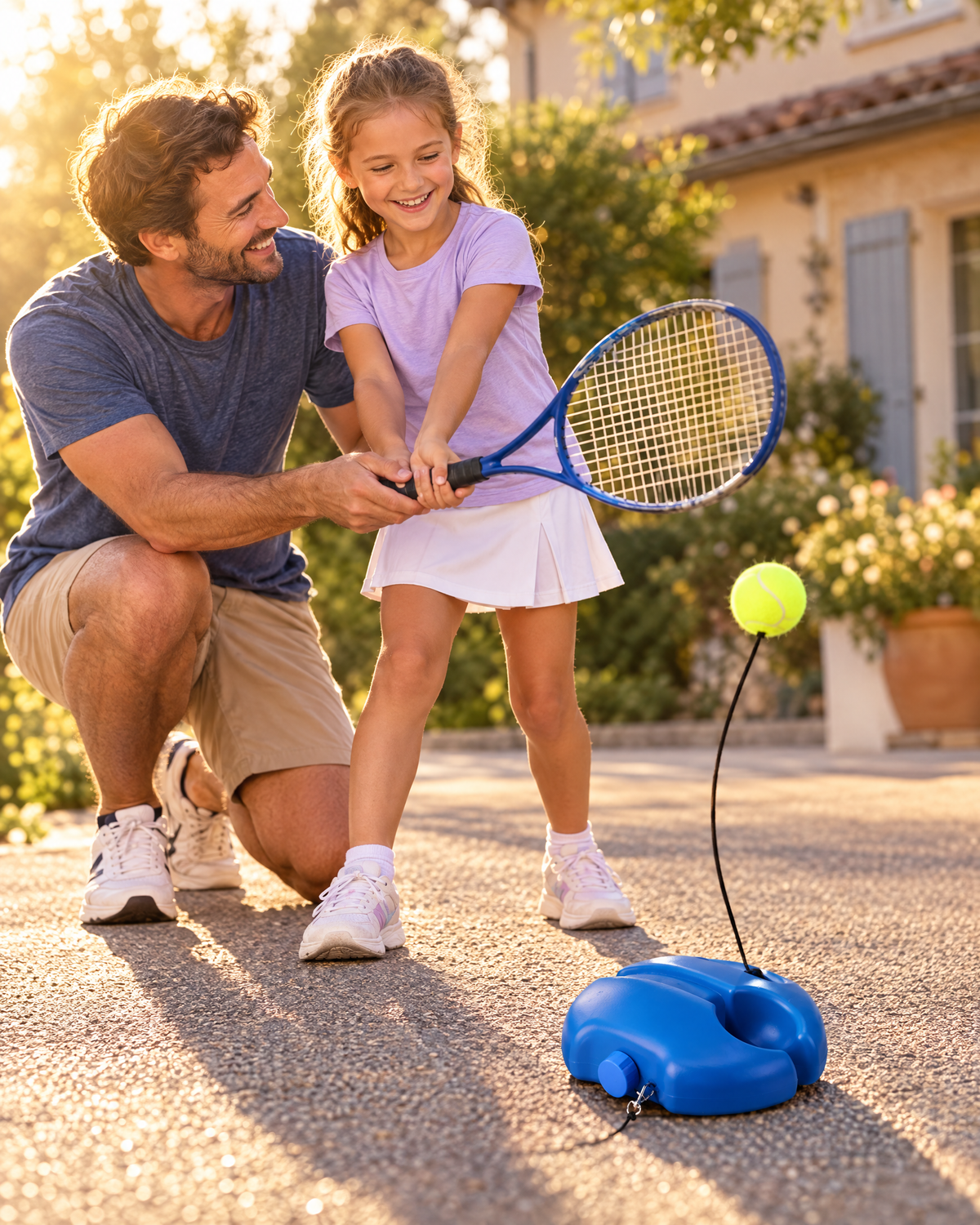 Un papa apprend le tennis à sa fille avec le Kidoo